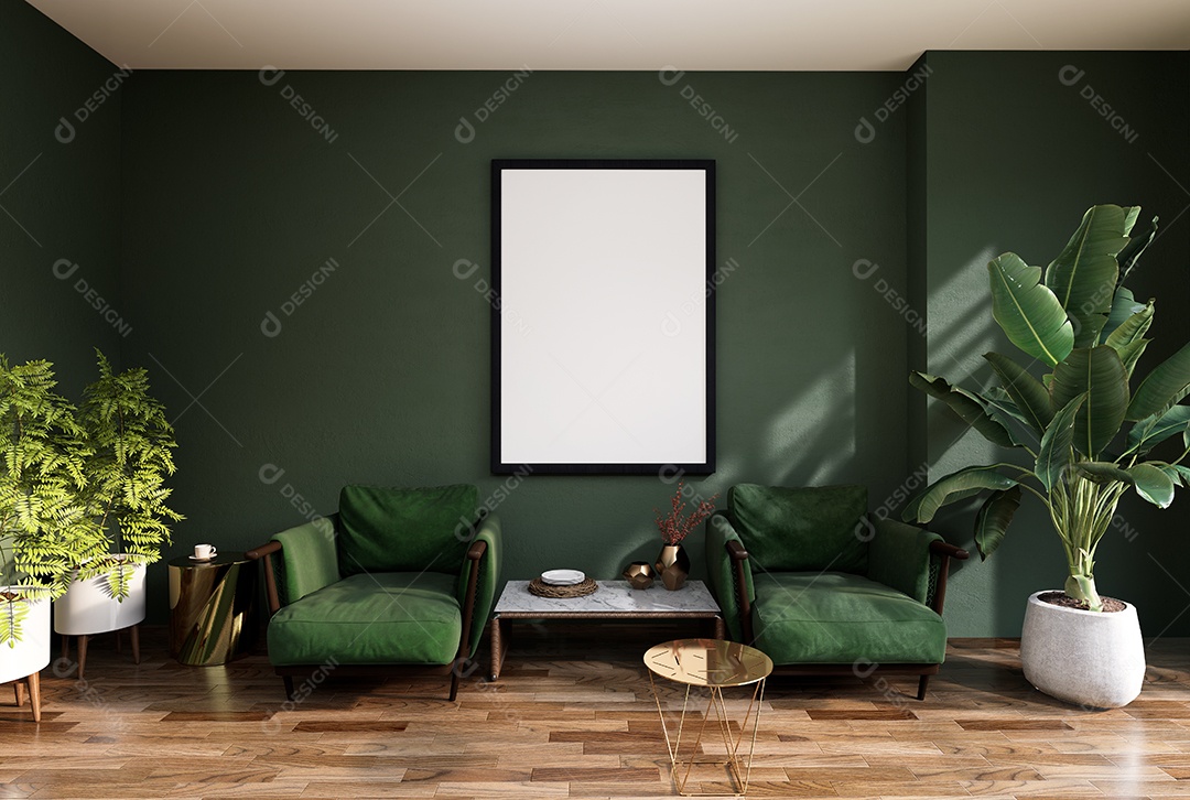 Ilustração 3D, moldura Mockup na parede da sala de estar, Interior com planta de casa, vasos e belos móveis, renderização