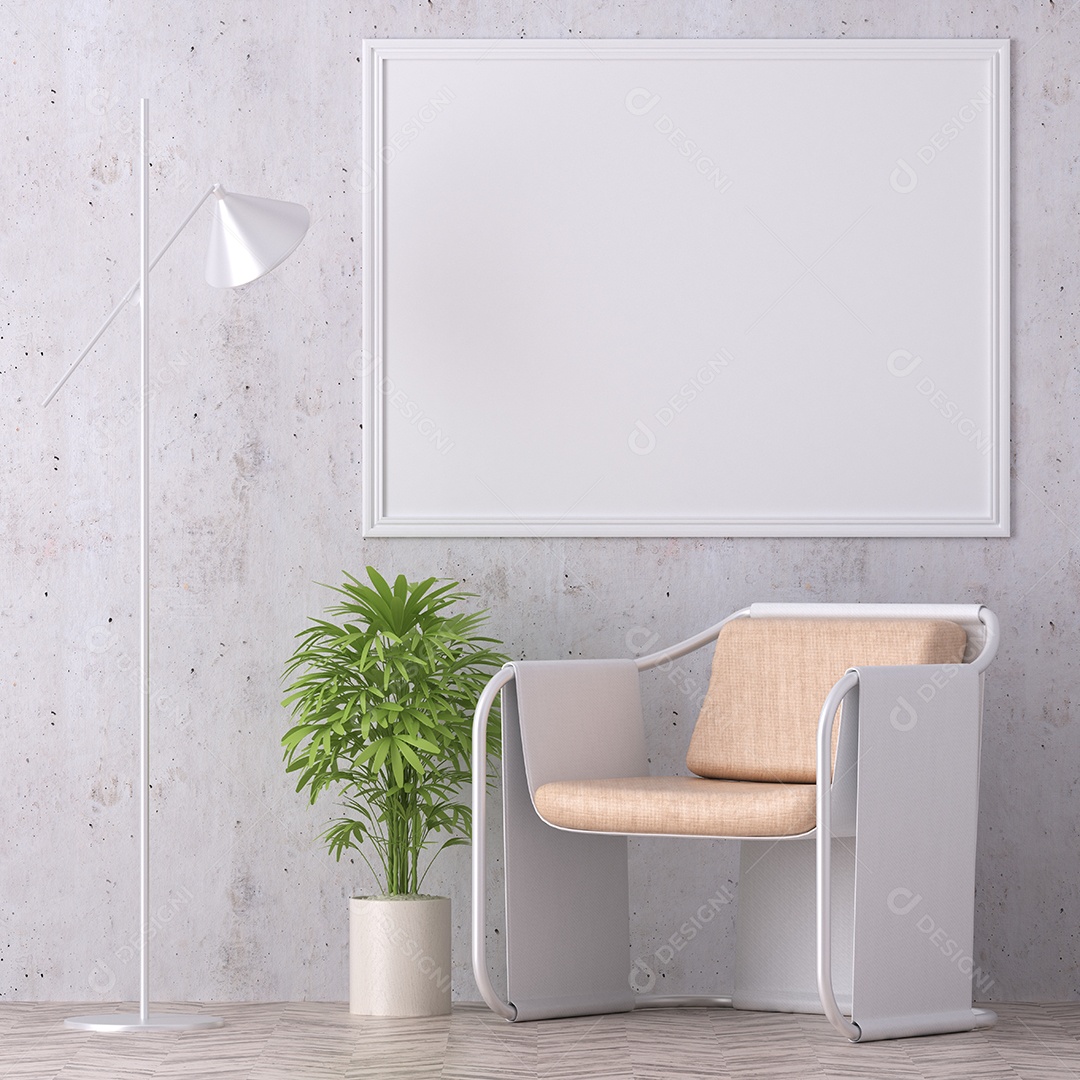 Molduras para fotos de maquete de ilustração 3D na parede da sala de estar, interior de estilo escandinavo com móveis aconchegantes, renderização