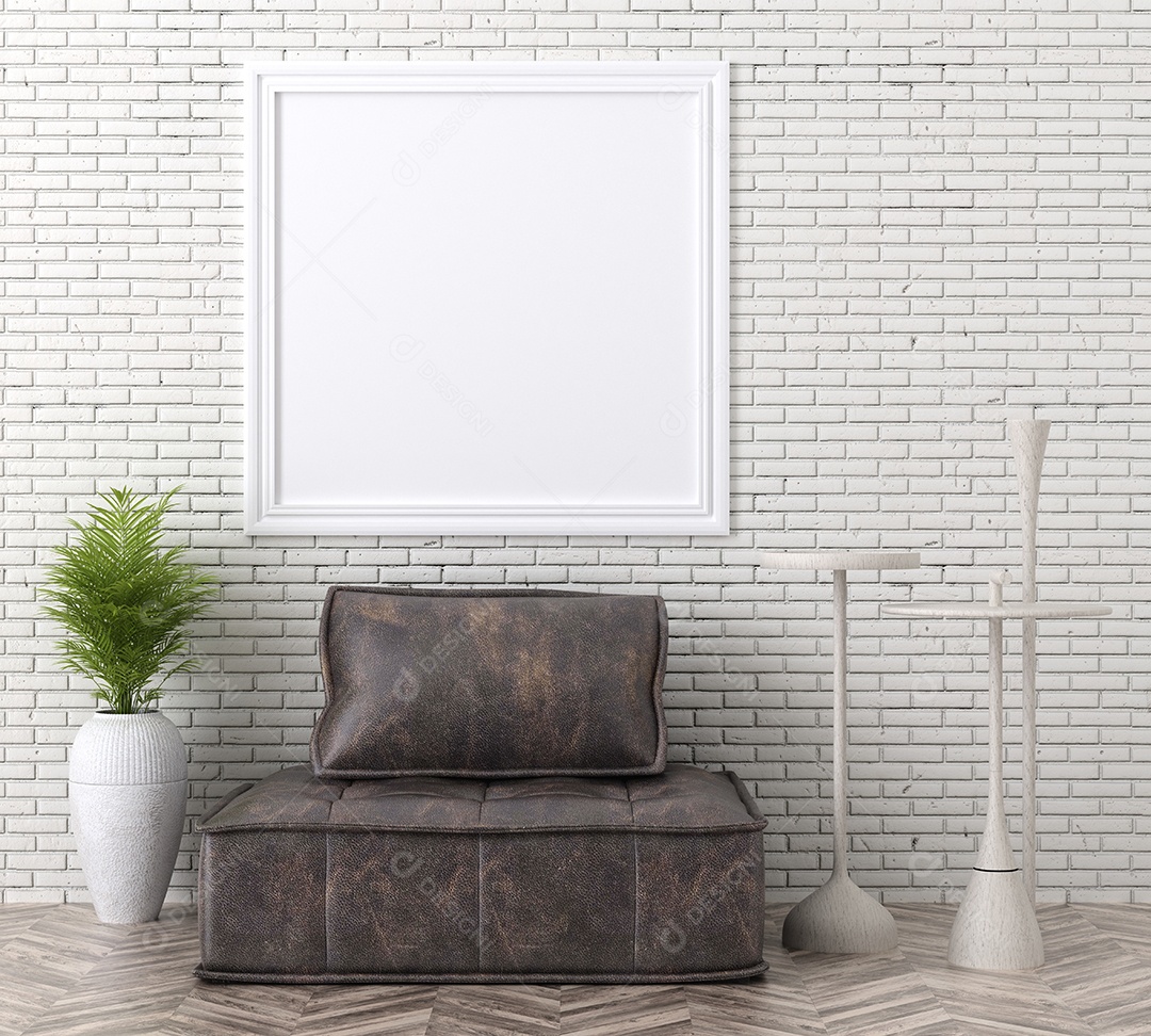 Molduras para fotos de maquete de ilustração 3D na parede da sala de estar, interior de estilo escandinavo com móveis aconchegantes, renderização