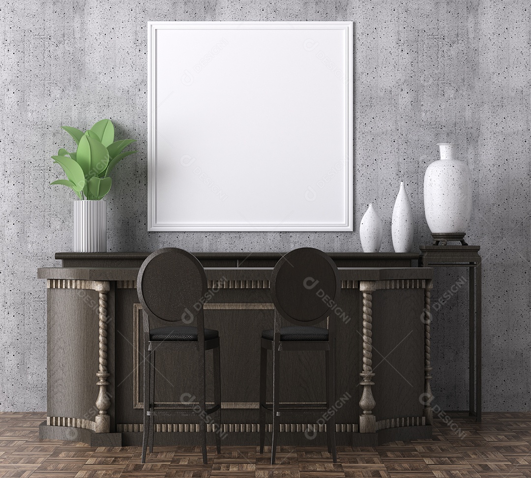 Molduras para fotos de maquete de ilustração 3D na parede da sala de estar, interior de estilo escandinavo com móveis aconchegantes e planta de casa no conceito de decoração natural, renderização