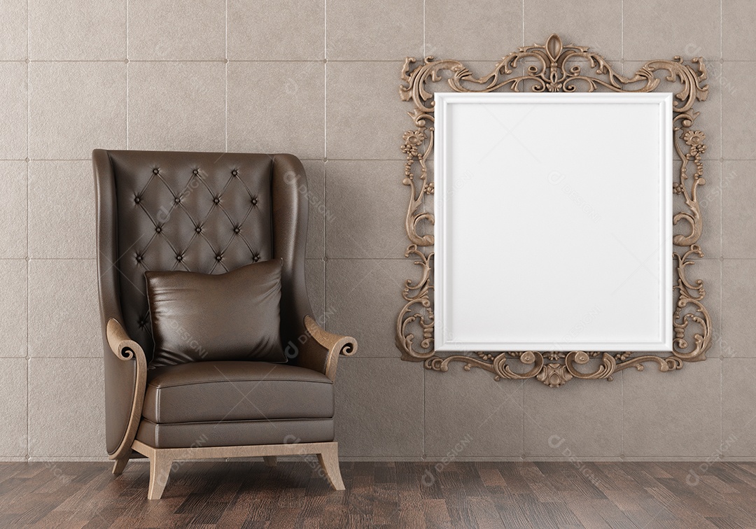 Molduras para fotos de maquete de ilustração 3D na parede da sala de estar, interior de estilo escandinavo com móveis aconchegantes, renderização