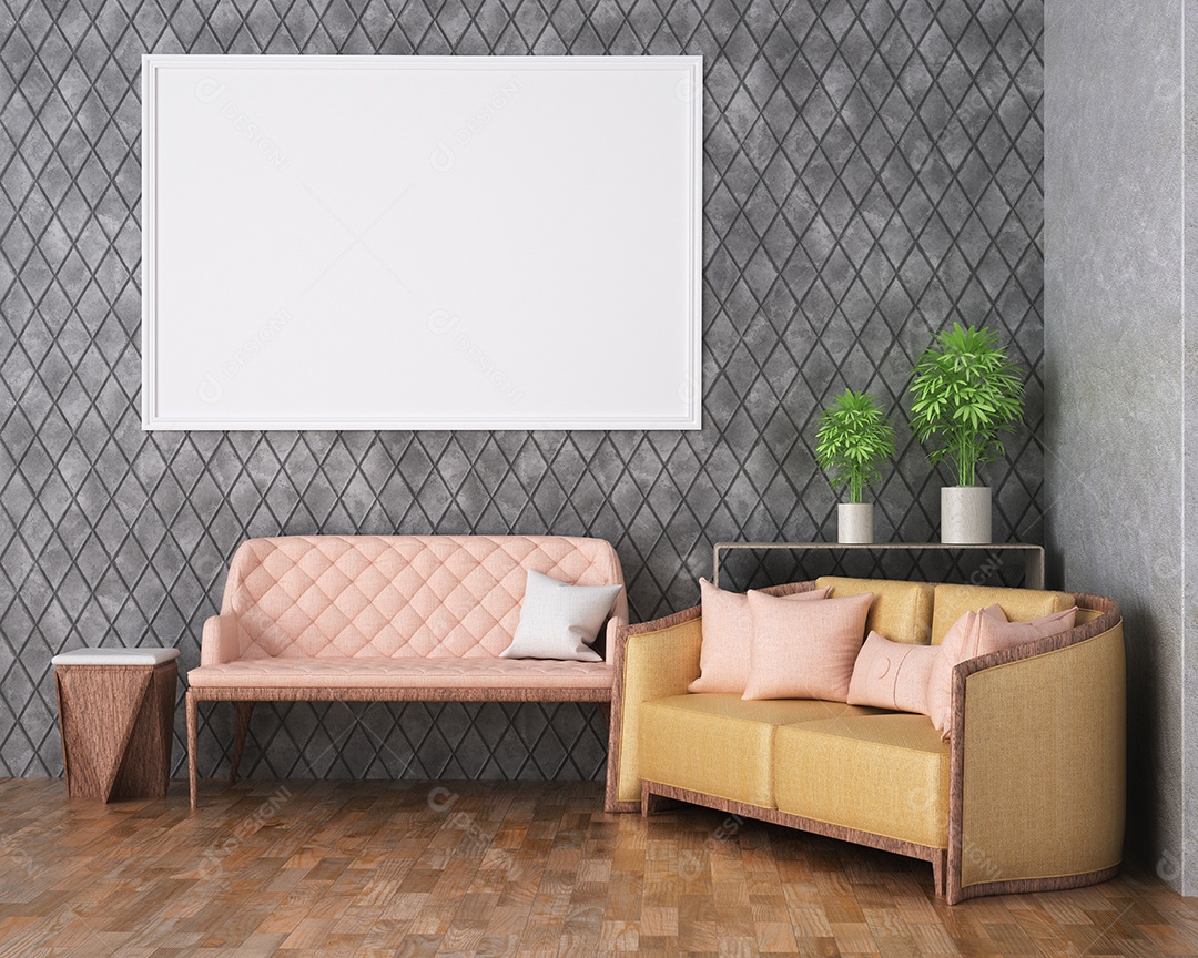 Molduras para fotos de maquete de ilustração 3D na parede da sala de estar, interior de estilo escandinavo com móveis aconchegantes, renderização