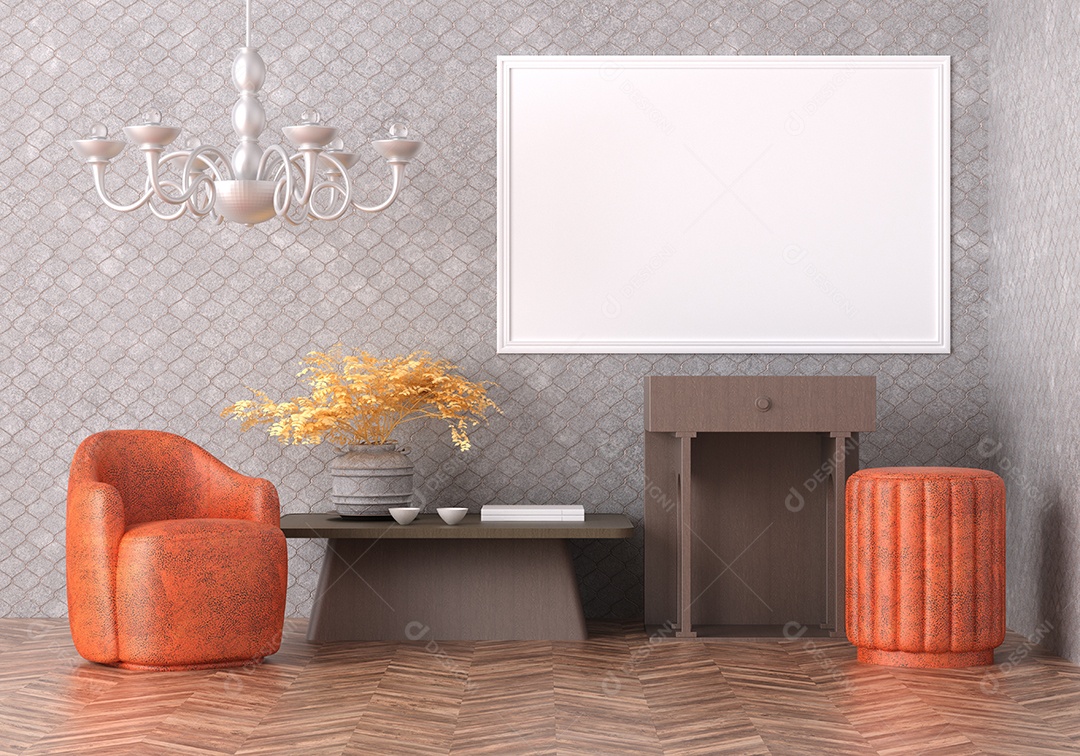 Moldura de foto de maquete de ilustração 3D na parede da sala de estar, conceito de decoração de interiores de estilo escandinavo, renderização