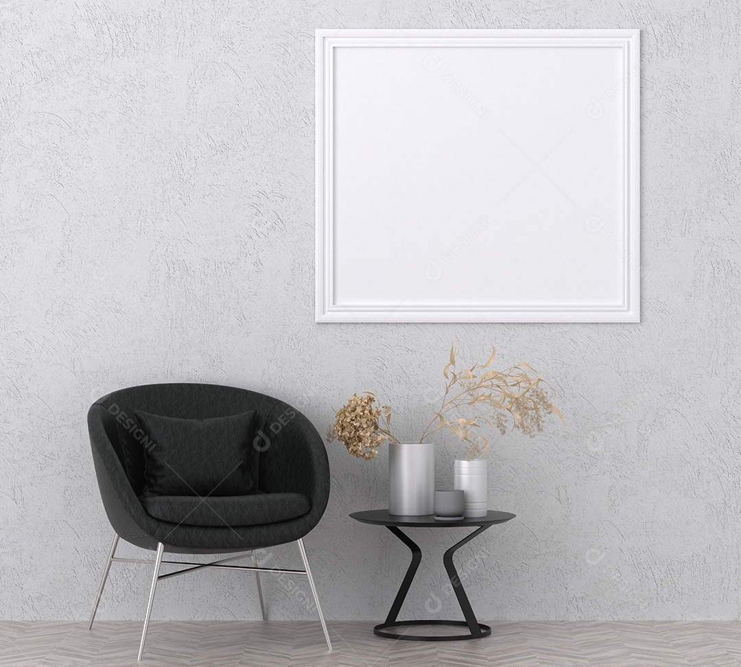 Molduras para fotos de maquete de ilustração 3D na parede da sala de estar, interior de estilo escandinavo com conceito de decoração de móveis aconchegante, renderização