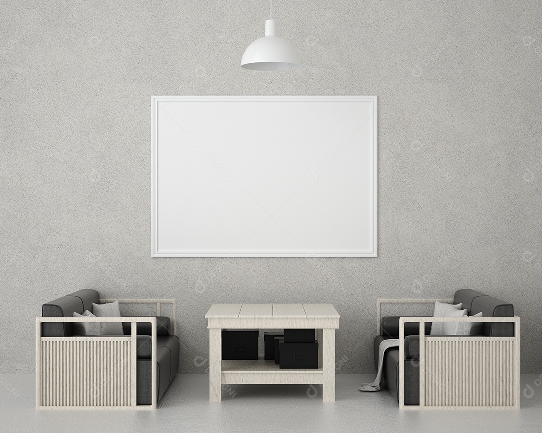 Molduras para fotos de maquete de ilustração 3D na parede da sala de estar, interior de estilo escandinavo com móveis aconchegantes, renderização