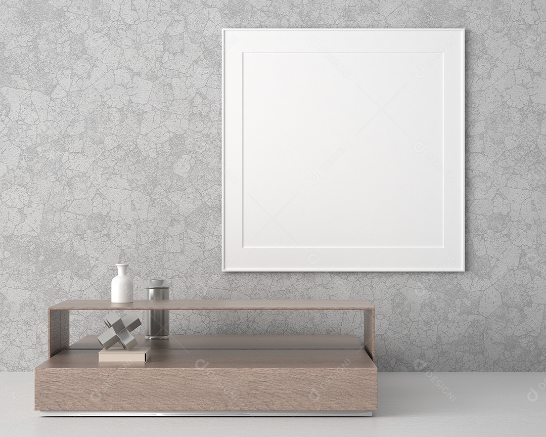 Molduras para fotos de maquete de ilustração 3D na parede da sala de estar, interior de estilo minimalista com conceito de decoração de móveis modernos, renderização