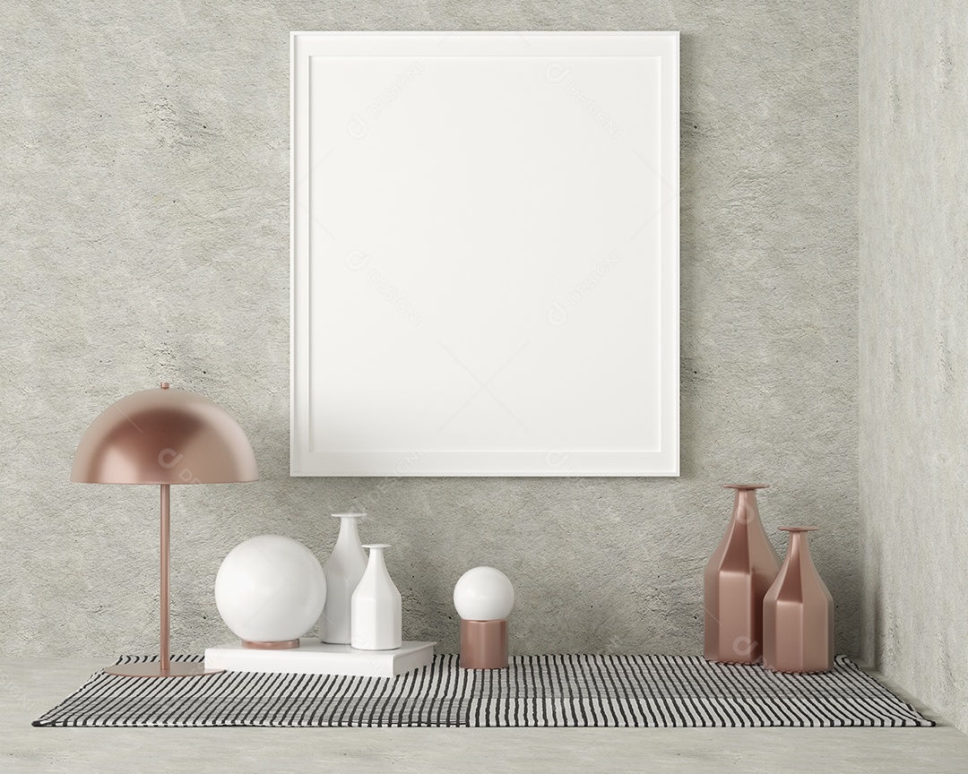 Ilustração 3D interior Estilo minimalista de design moderno com moldura de maquete em branco na parede, lâmpada e assento, almofada de móveis modernos no canto de descanso em casa, renderização