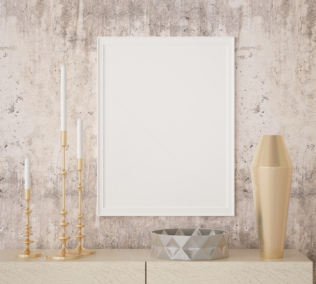 3d ilustração interior Estilo minimalista de design moderno com moldura de maquete em branco na parede, castiçal com vaso de latão no armário no corredor, renderização