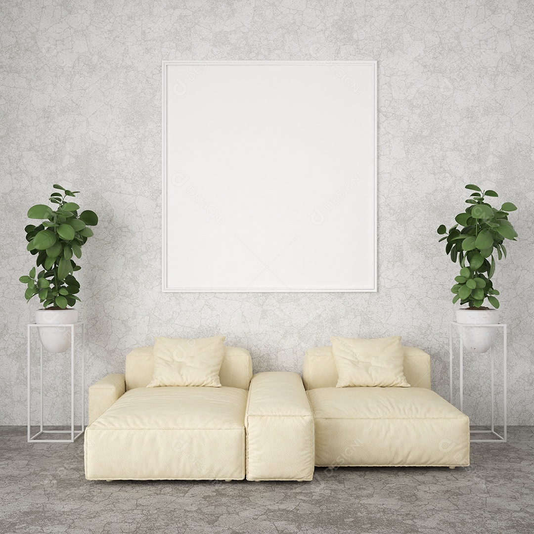 Ilustração 3D, design de interiores para canto de descanso ou sala de jantar tem mesa e cadeiras com maquete de quadro em branco, perspectiva em estilo minimalista, renderização