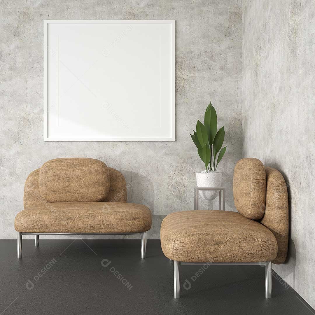 Ilustração 3D, design de interiores para canto de descanso ou sala de jantar tem mesa e cadeiras com maquete de quadro em branco, perspectiva em estilo minimalista, renderização