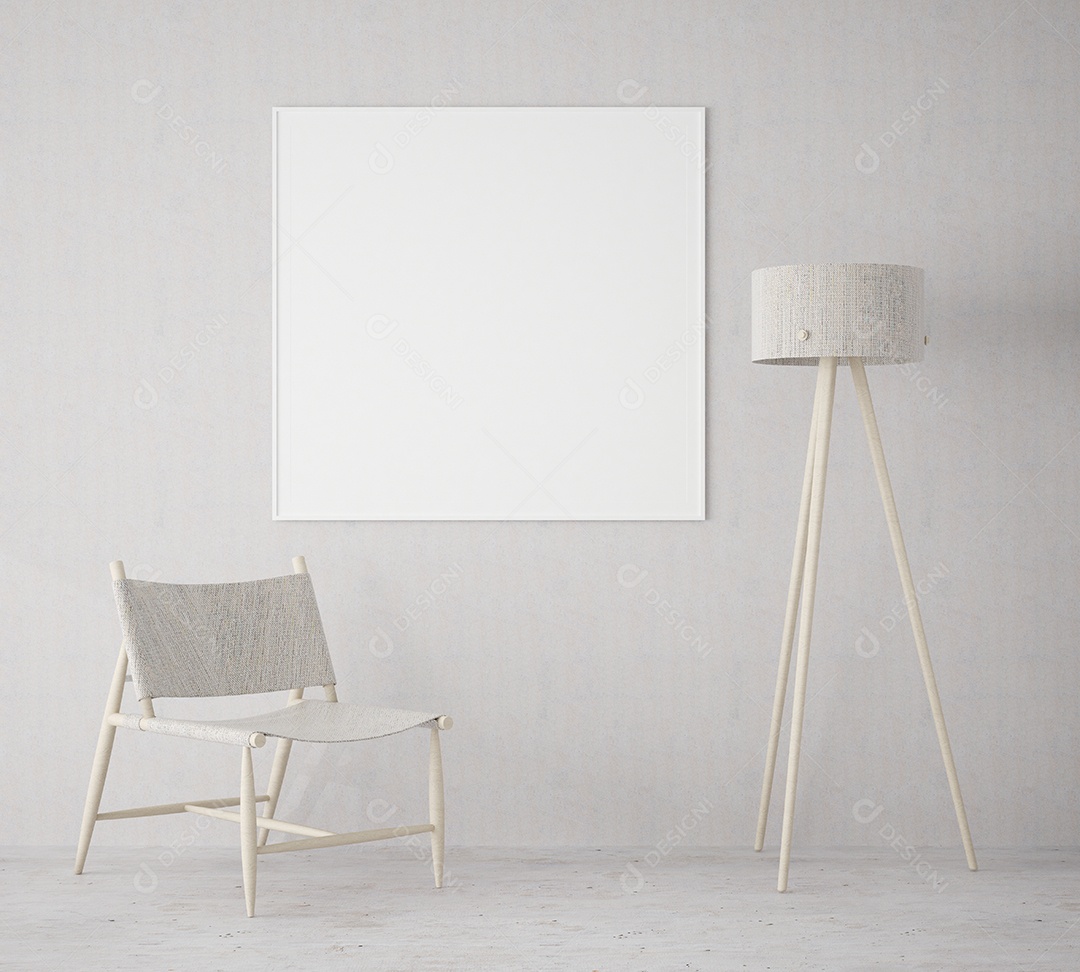 Design de interiores 3D para canto de descanso ou sala de estar com maquete de moldura em branco, perspectiva em estilo minimalista com cadeira de diretor e lâmpada alta, renderização