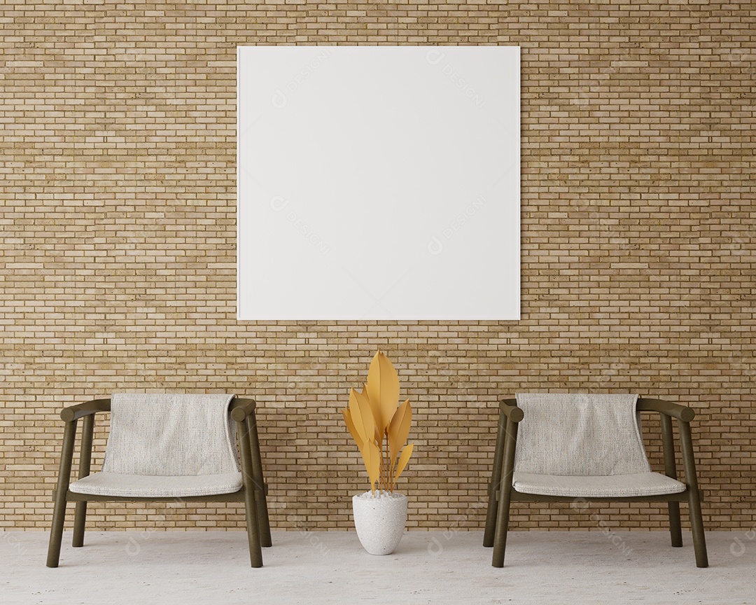 Design de interiores 3D para canto de descanso ou sala de estar com maquete de quadro, perspectiva em estilo minimalista com design moderno de poltrona, renderização