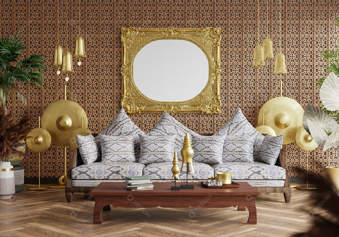 Ilustração 3D, foto de maquete com bela moldura na sala ou sala de estar com sofá-cama, estilos retrô e modernos contemporâneos decorados para beleza e conforto. Renderização