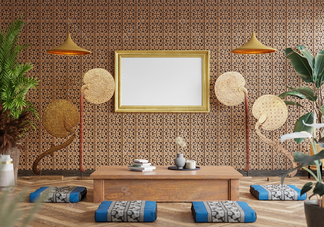 Ilustração 3D, foto de maquete com bela moldura na sala ou sala de estar com sofá-cama, estilos retrô e modernos contemporâneos decorados para beleza e conforto. Renderização