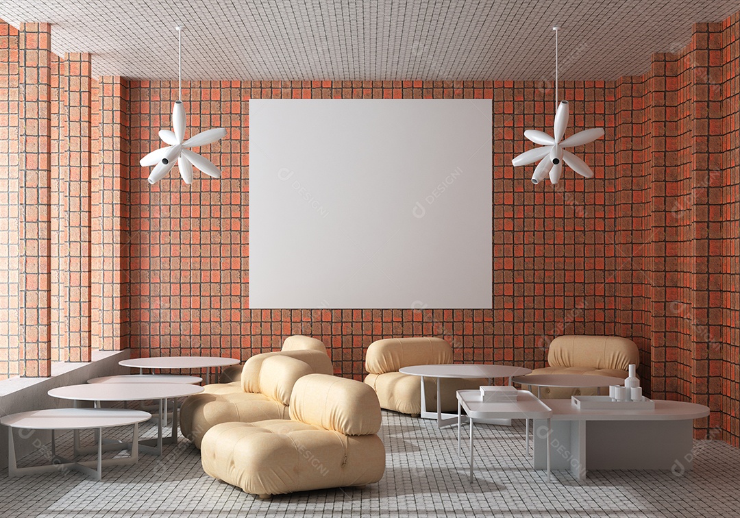 Ilustração 3D, moldura de maquete na parede da sala de estar ou sala de estar, interior confortável com sofá de luxo e móveis bonitos, renderização