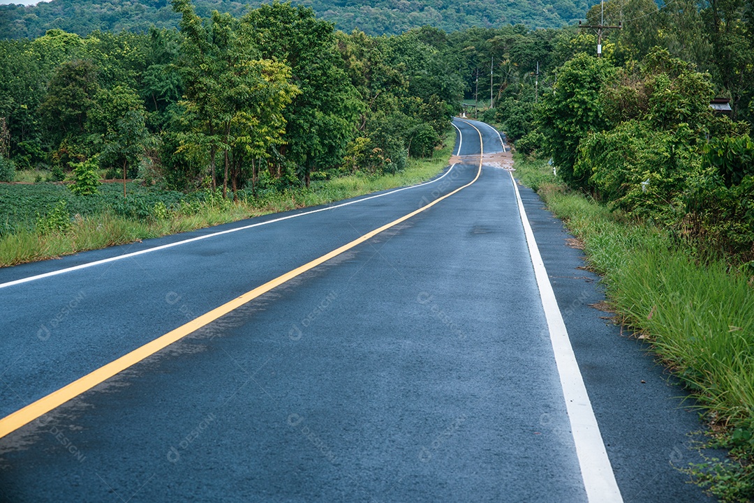 Estrada se estende e tem árvores e grama ao longo do percurso.