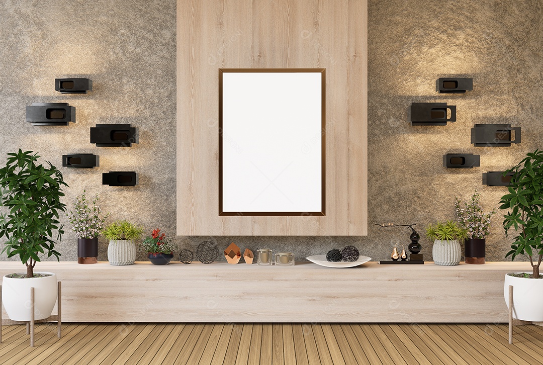 Ilustração 3D, moldura de maquete na parede da sala de estar, interior confortável com sofá de luxo e móveis bonitos, renderização