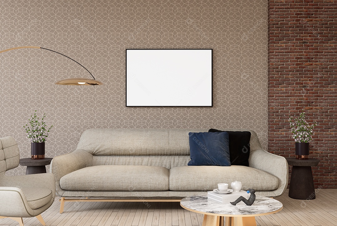 Ilustração 3D, moldura de maquete na parede da sala de estar, interior confortável com sofá de luxo e móveis bonitos, renderização