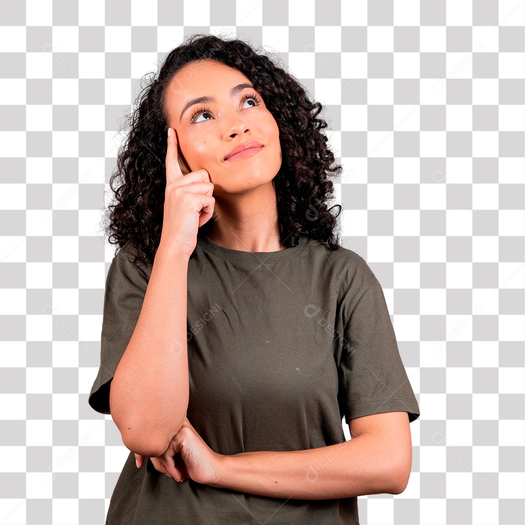 Mulher bonita morena de cabelos cacheado pensando PNG Transparente sem Fundo