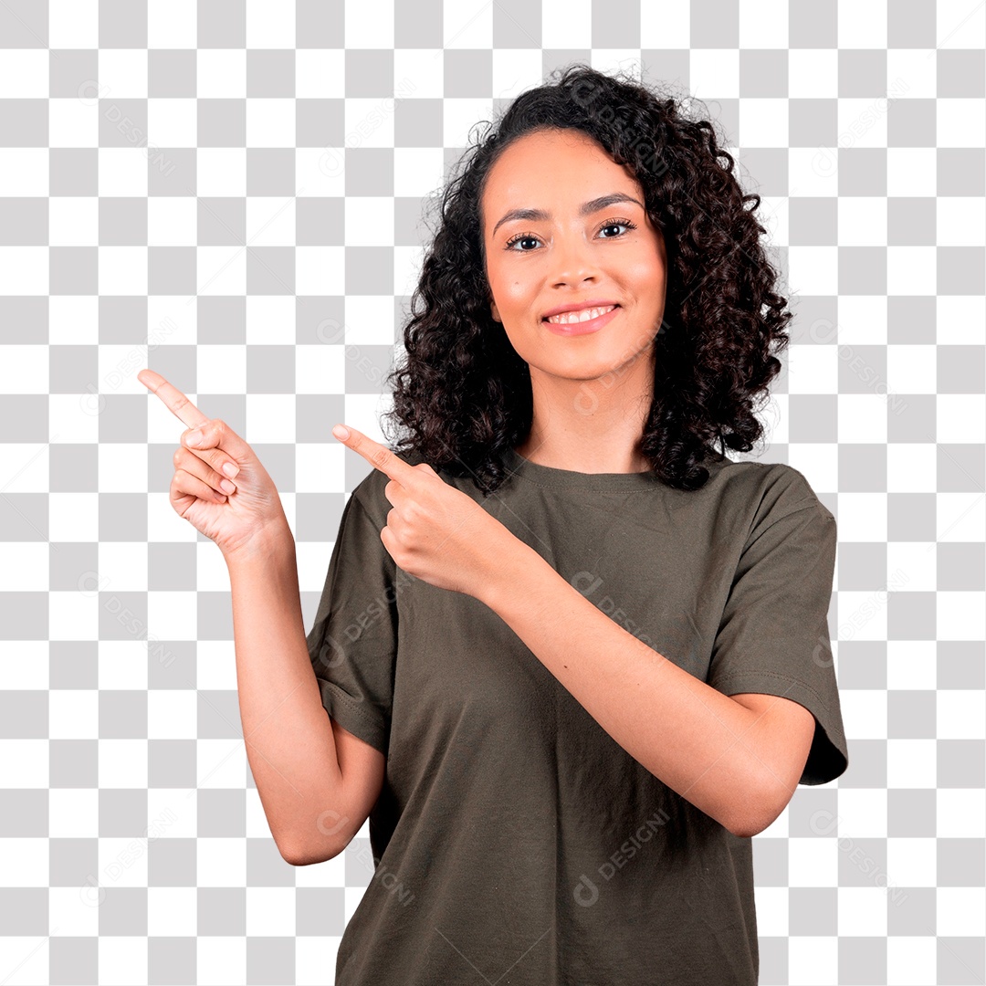 Mulher bonita morena de cabelos cacheado apontando para o lado PNG Transparente sem Fundo