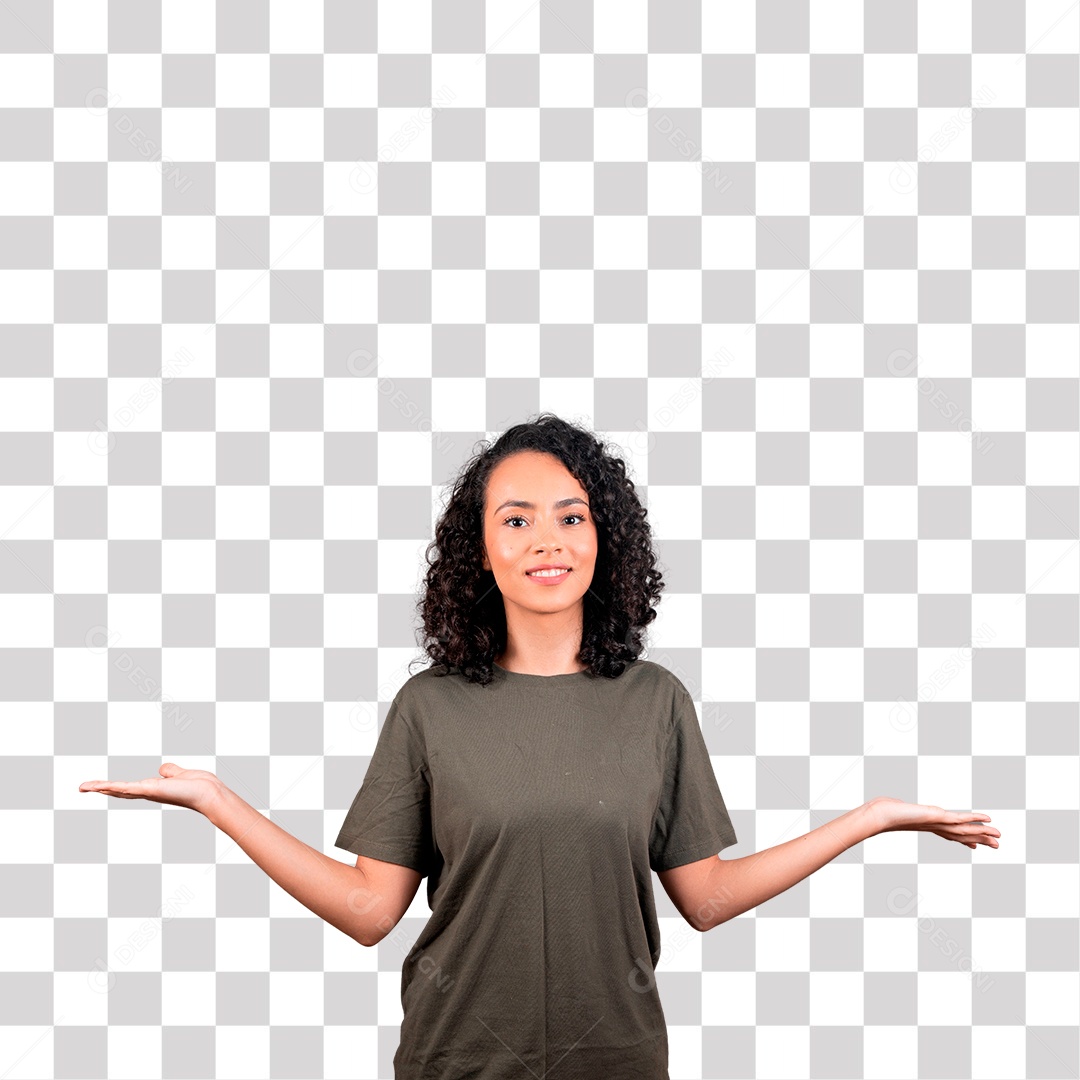 Mulher bonita de cabelos cacheado sorrindo fazendo gesto de dúvida PNG Transparente sem Fundo