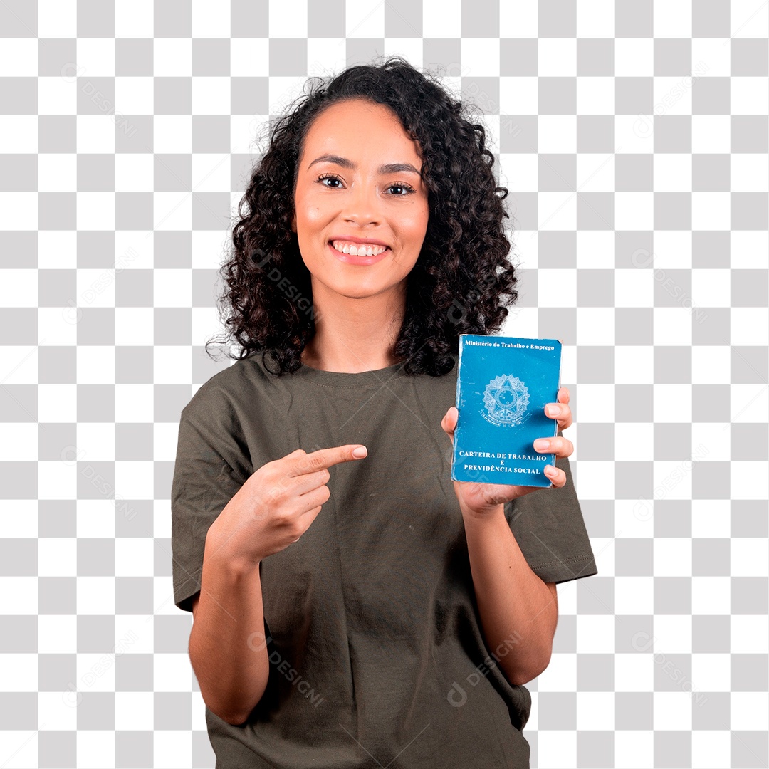 Mulher bonita de cabelos cacheado mostrando Carteira de Trabalho PNG Transparente sem Fundo