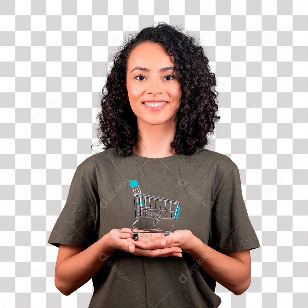 Mulher bonita de cabelos cacheado com mini carrinho de compras PNG Transparente sem Fundo