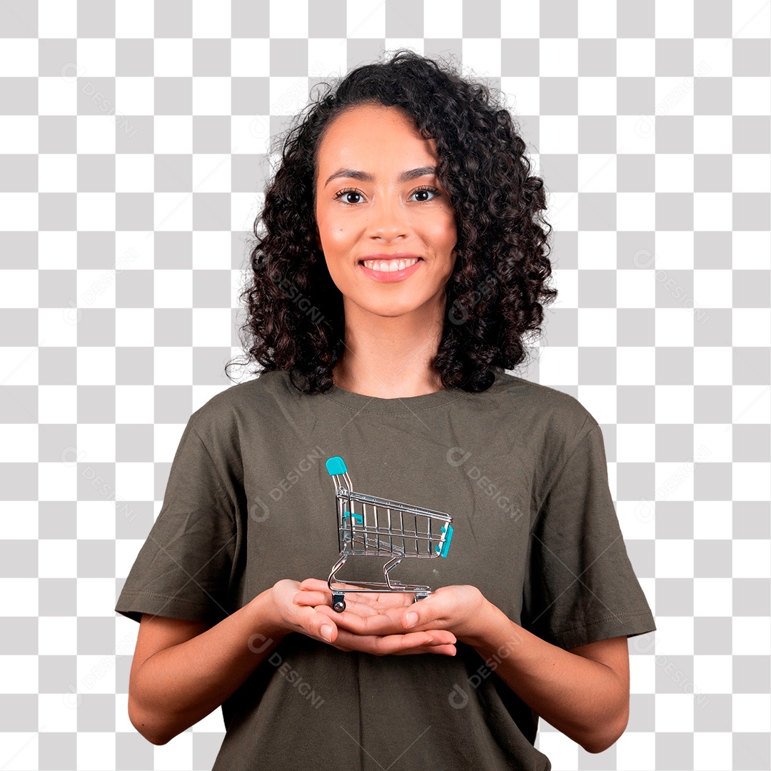 Mulher bonita de cabelos cacheado com mini carrinho de compras PNG Transparente sem Fundo