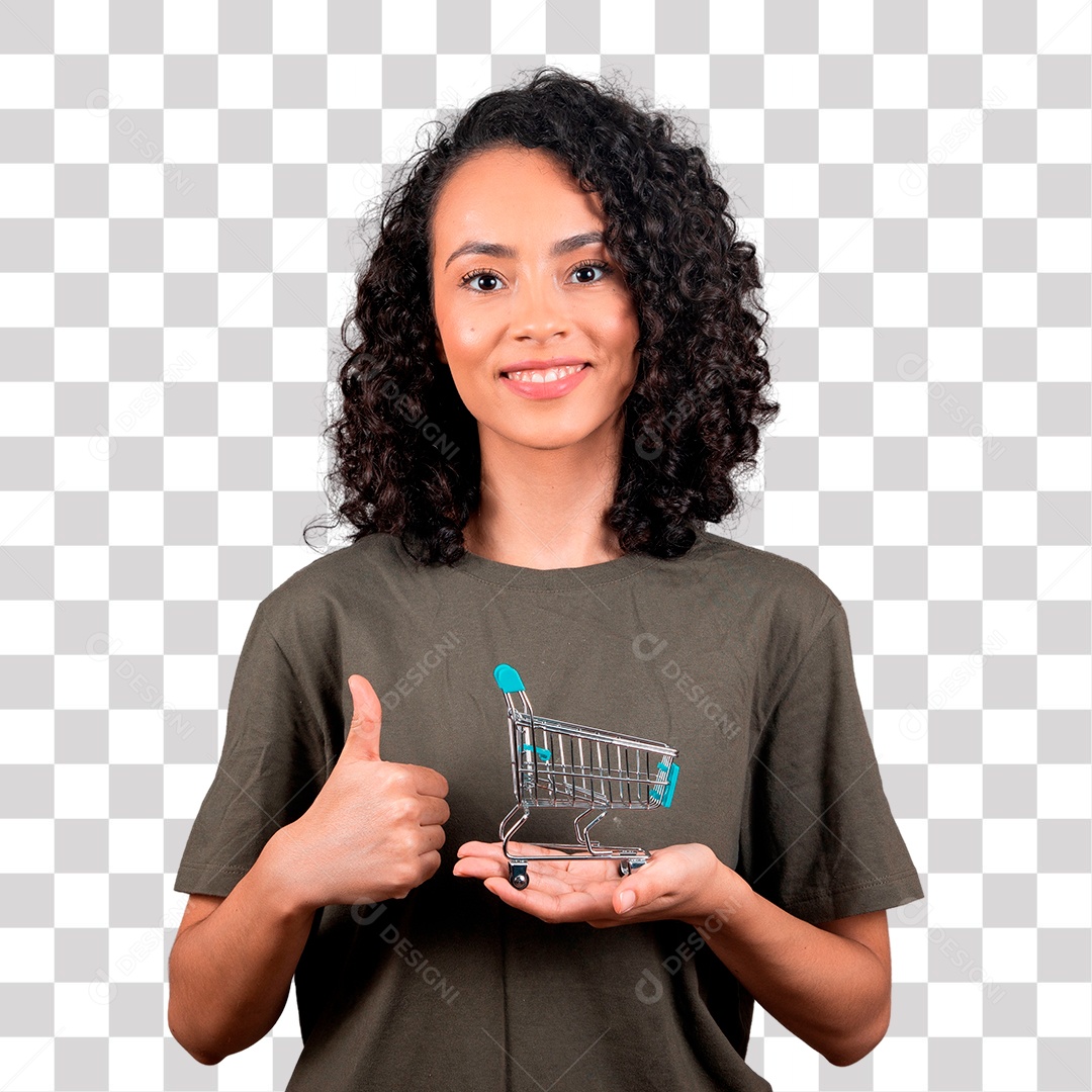 Mulher bonita de cabelos cacheado com mini carrinho de compras PNG Transparente sem Fundo