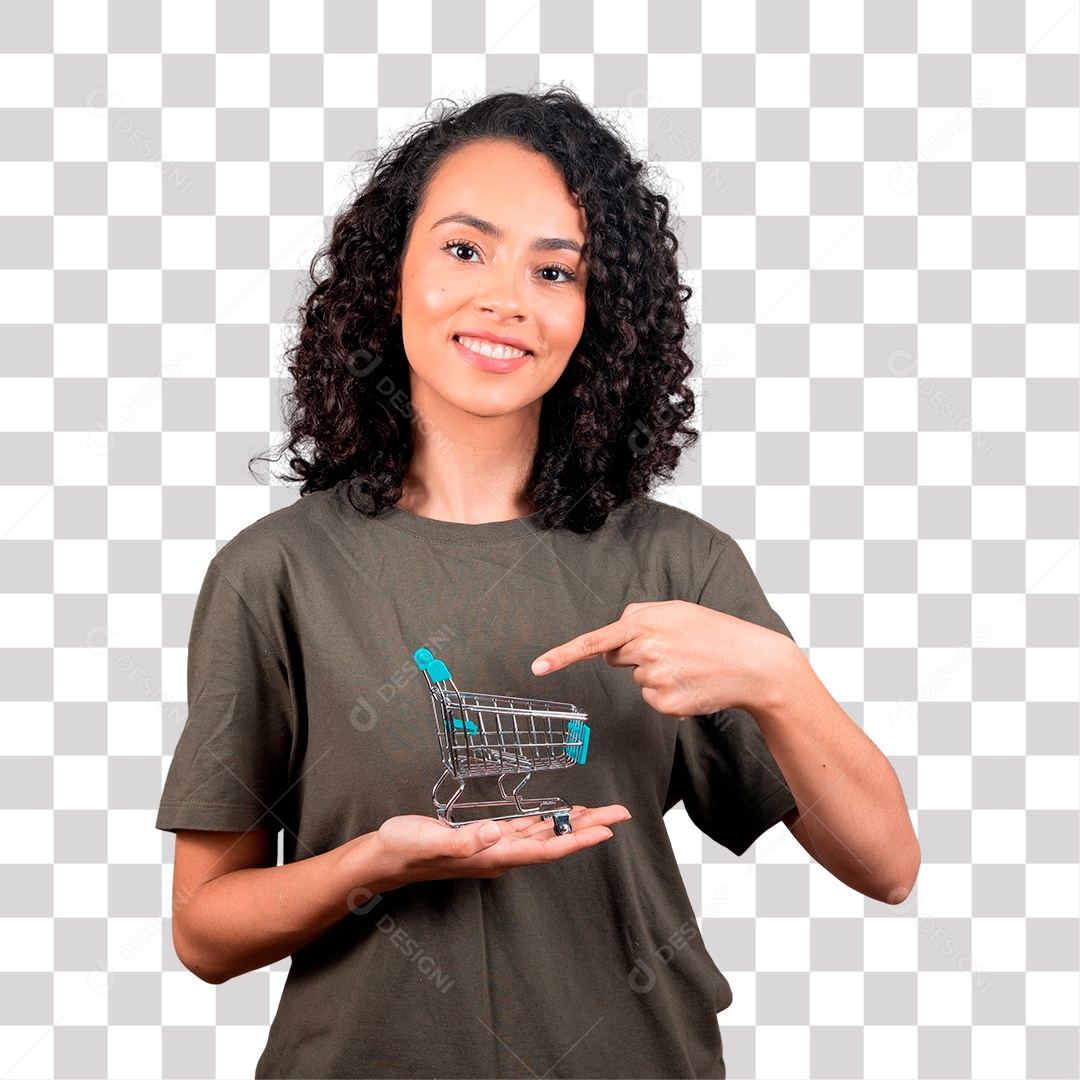 Mulher bonita de cabelos cacheado com mini carrinho de compras PNG Transparente sem Fundo