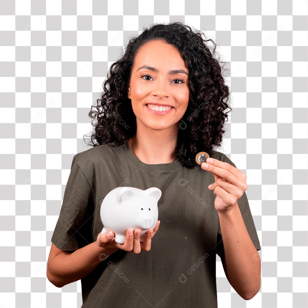 Brunette woman with curly hair showing coin and holding safe Transparent No Background