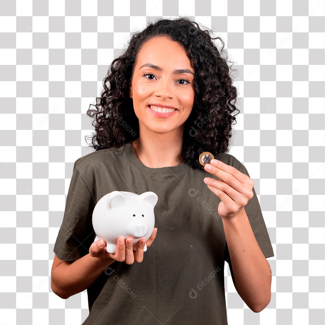 Mulher morena de cabelos cacheado mostrando moeda e segurando cofre Transparente sem Fundo