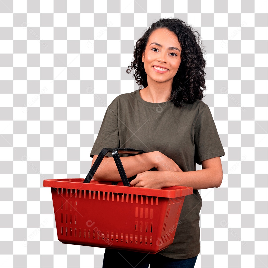 Linda mulher morena sorrindo segurando cesta de compras vermelha PNG Transparente Sem Fundo