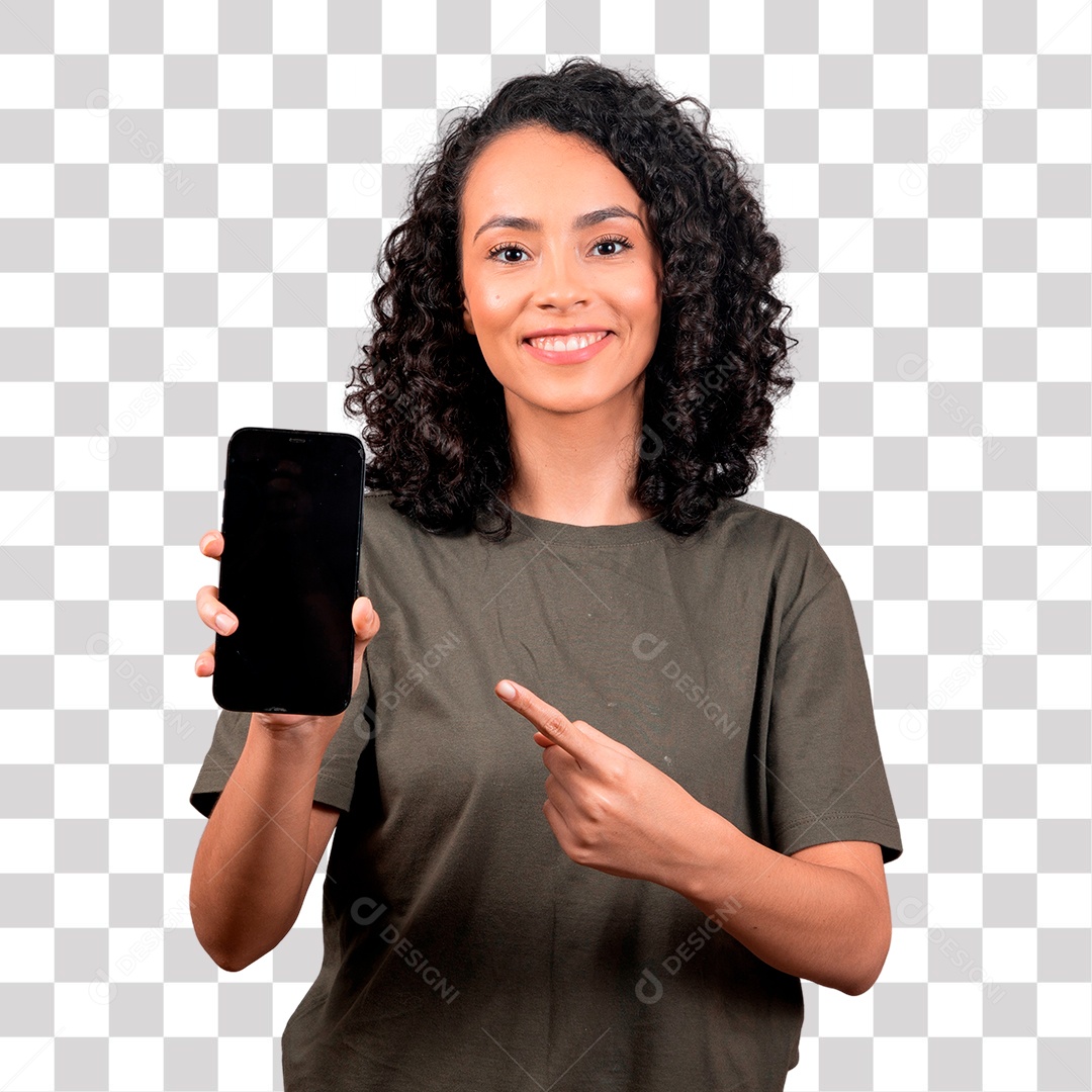 Linda mulher morena sorrindo apresentando celular PNG Transparente Sem Fundo