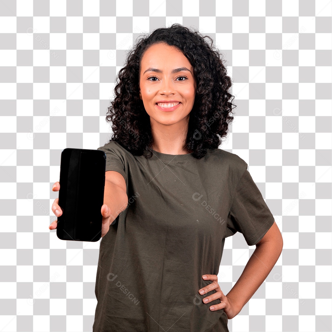 Linda mulher morena sorrindo apresentando celular PNG Transparente Sem Fundo