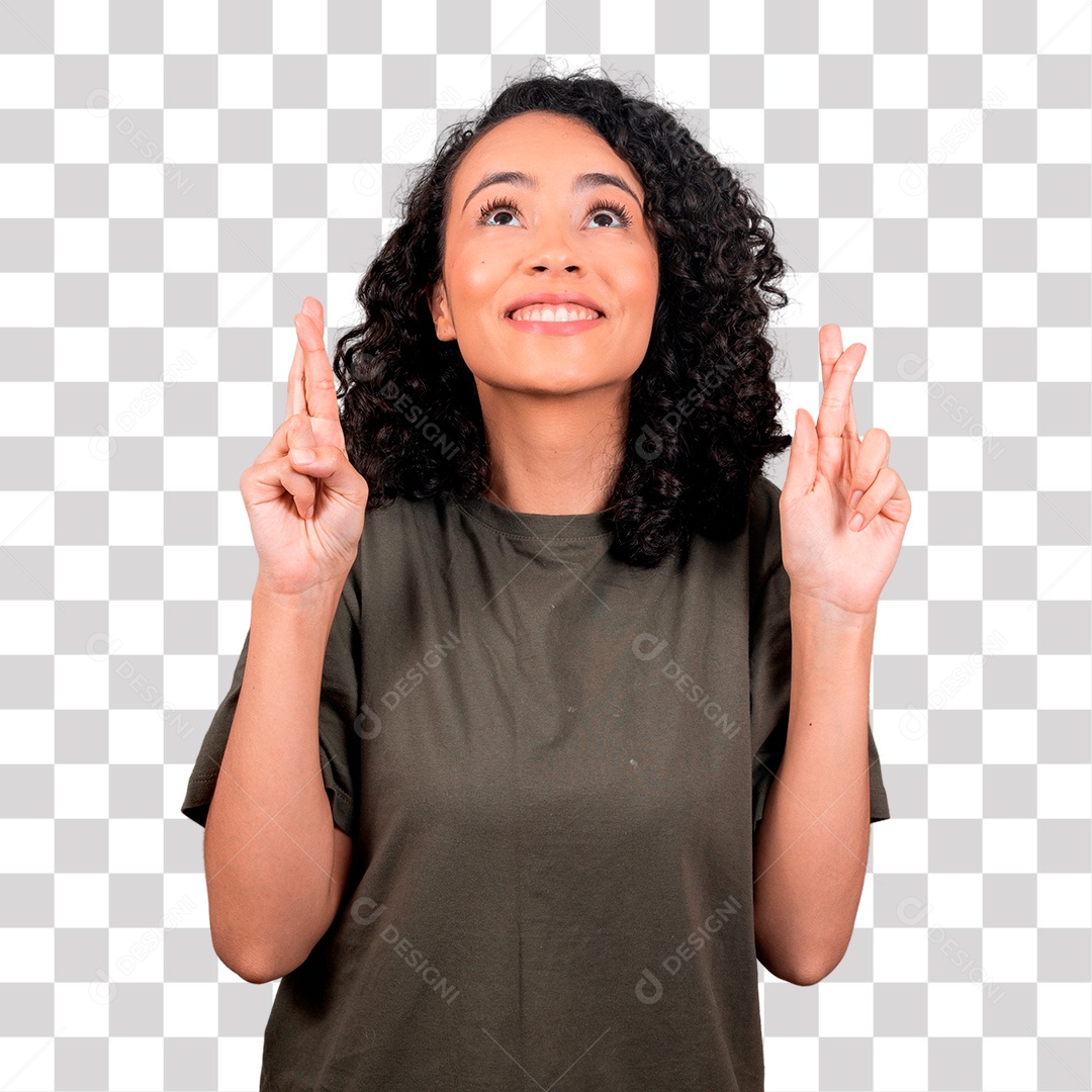 Linda mulher sorrindo com dedos cruzados PNG Transparente Sem Fundo