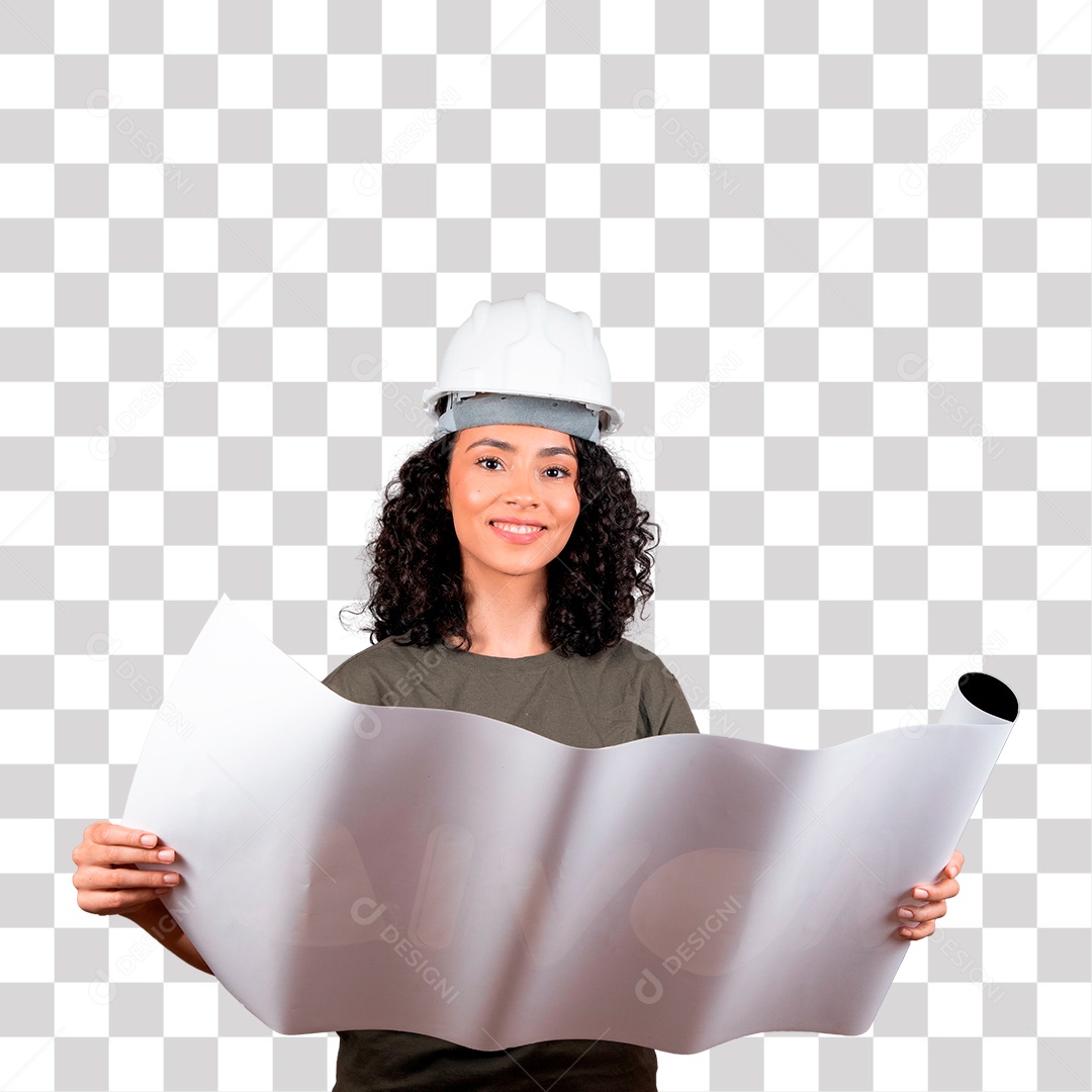 Linda mulher engenheira usando capacete branco analisando projeto PNG Transparente Sem Fundo
