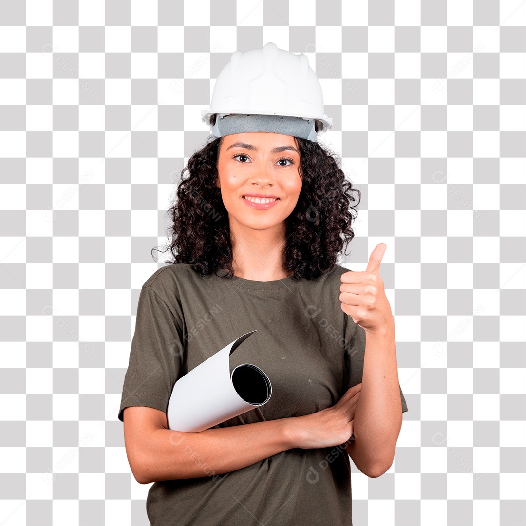 Linda mulher engenheira usando capacete branco cabelo cacheado sorridente PNG Transparente Sem Fundo