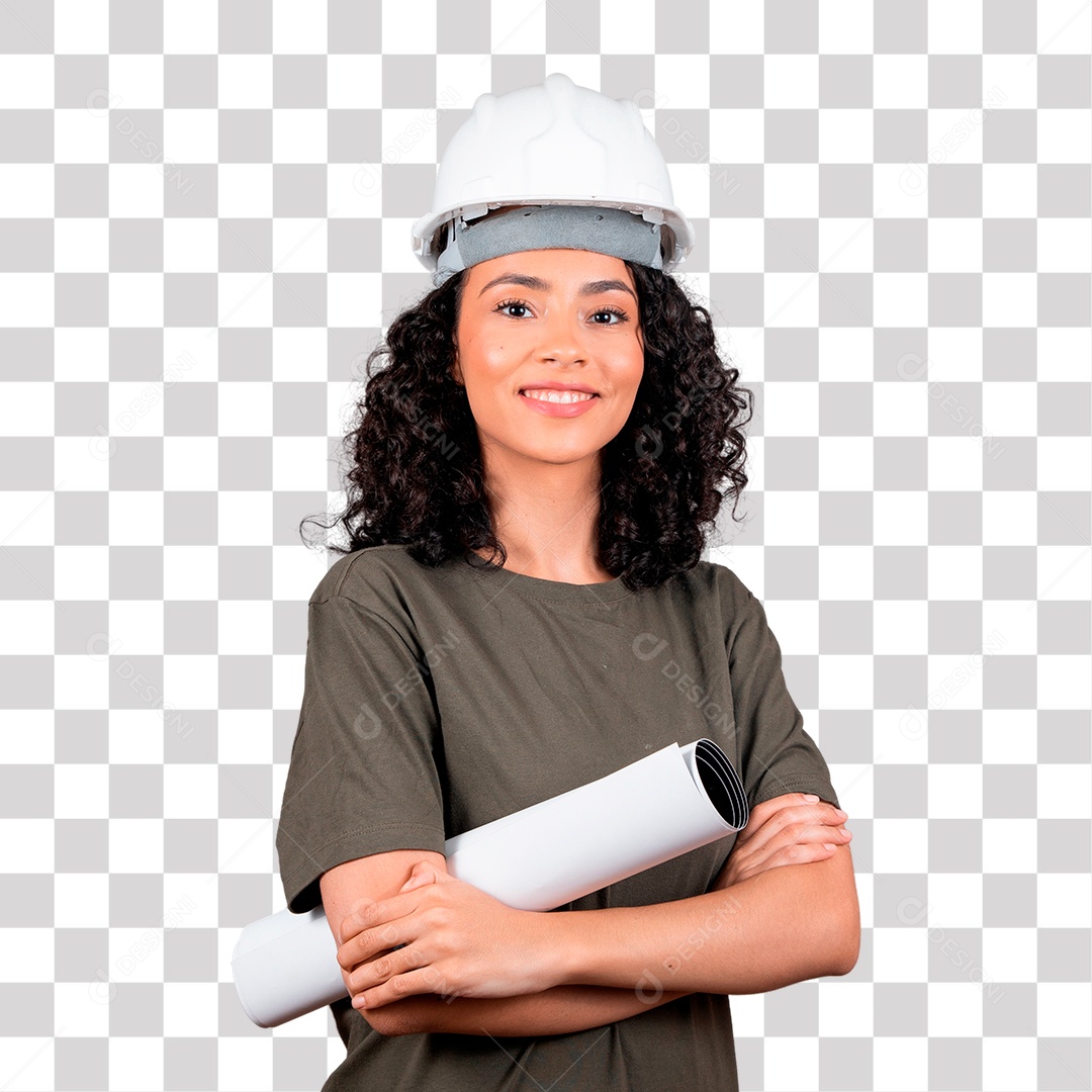 Linda mulher engenheira usando capacete branco cabelo cacheado sorridente PNG Transparente Sem Fundo