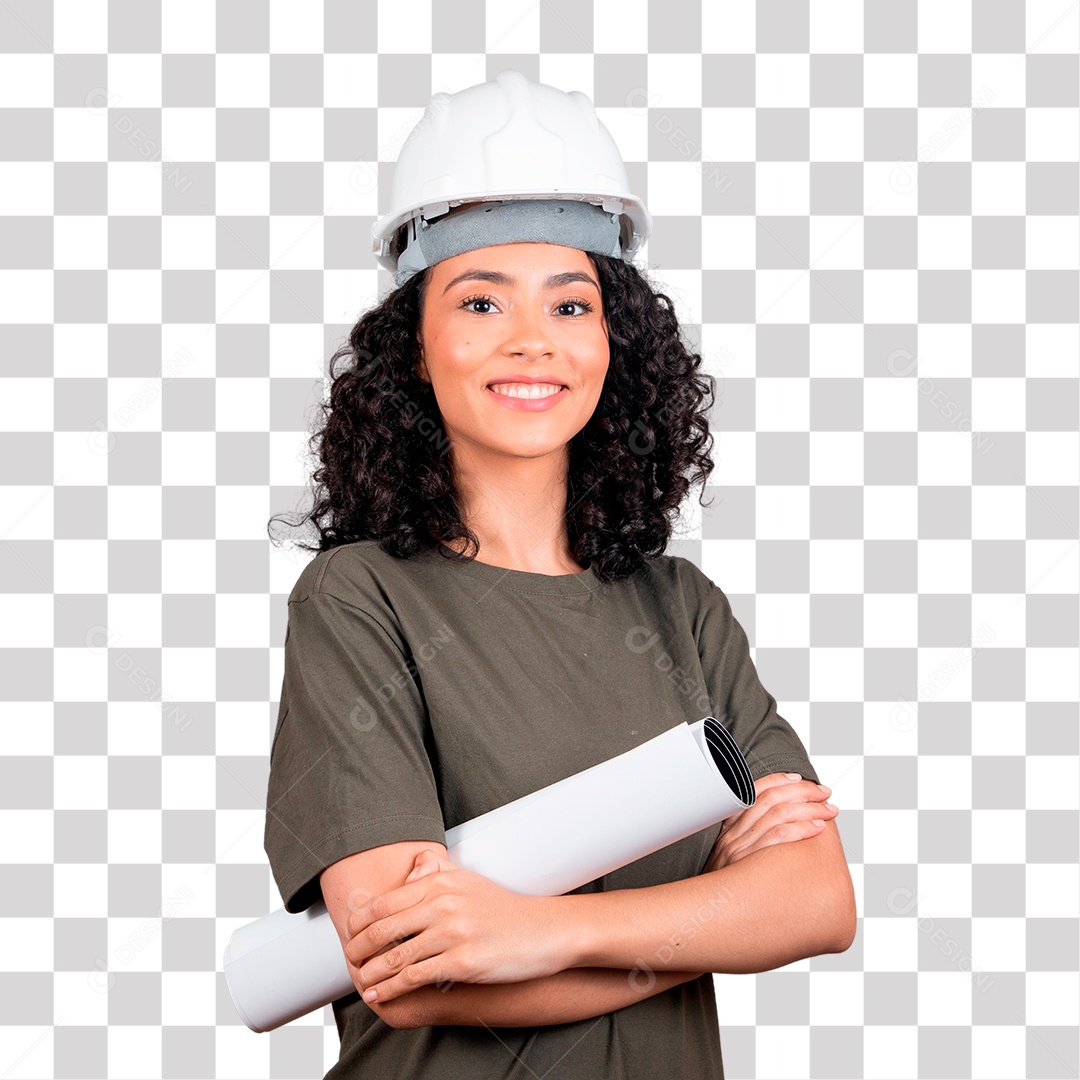 Linda mulher engenheira usando capacete branco cabelo cacheado sorridente PNG Transparente Sem Fundo