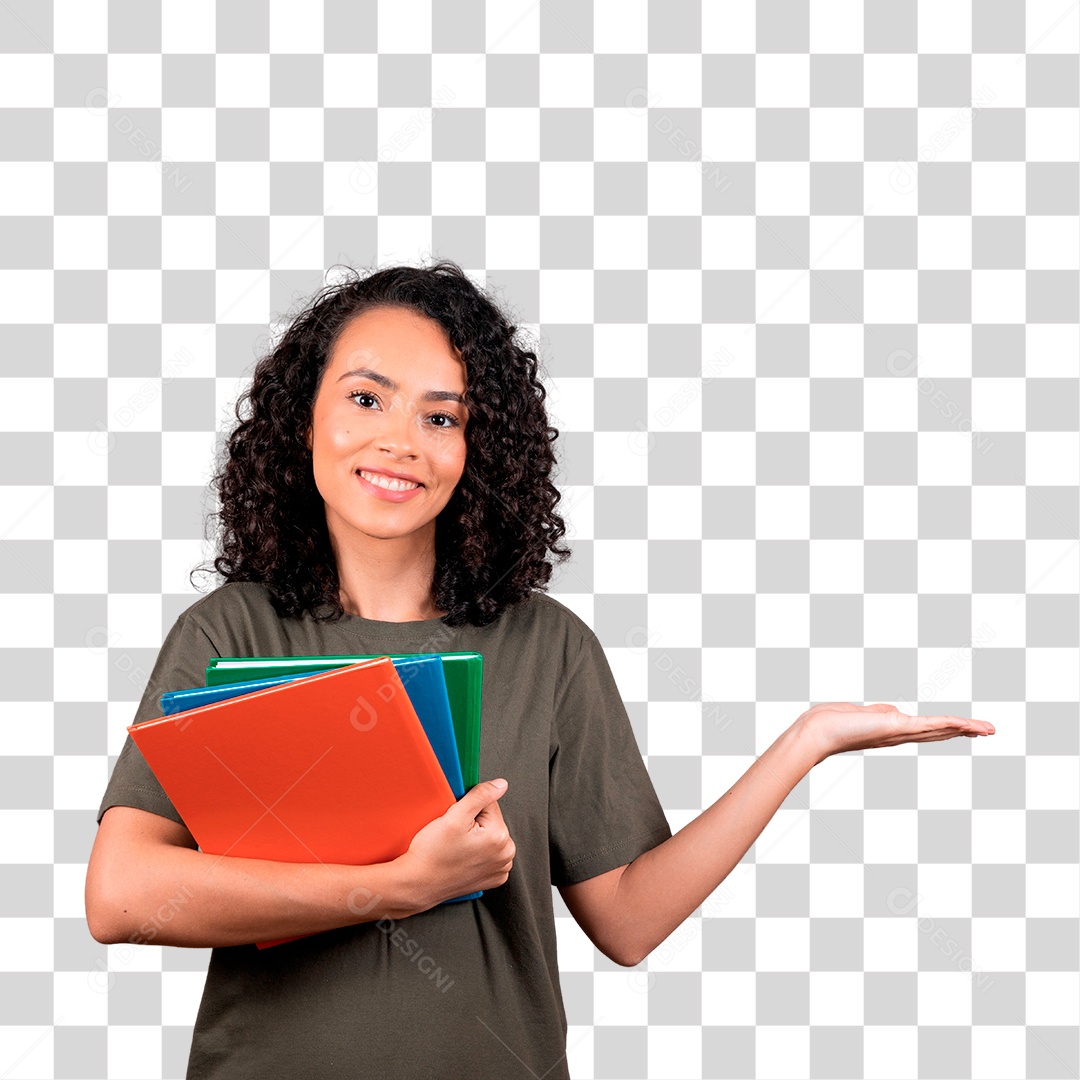 Jovem estudante segurando seu livros com a mão estendida para o lado