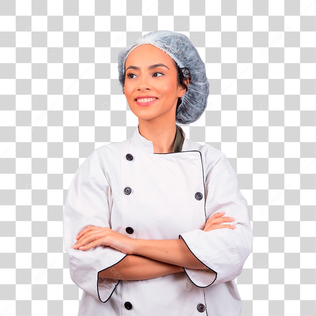 Linda mulher jovem usando avental de cozinheiro branco