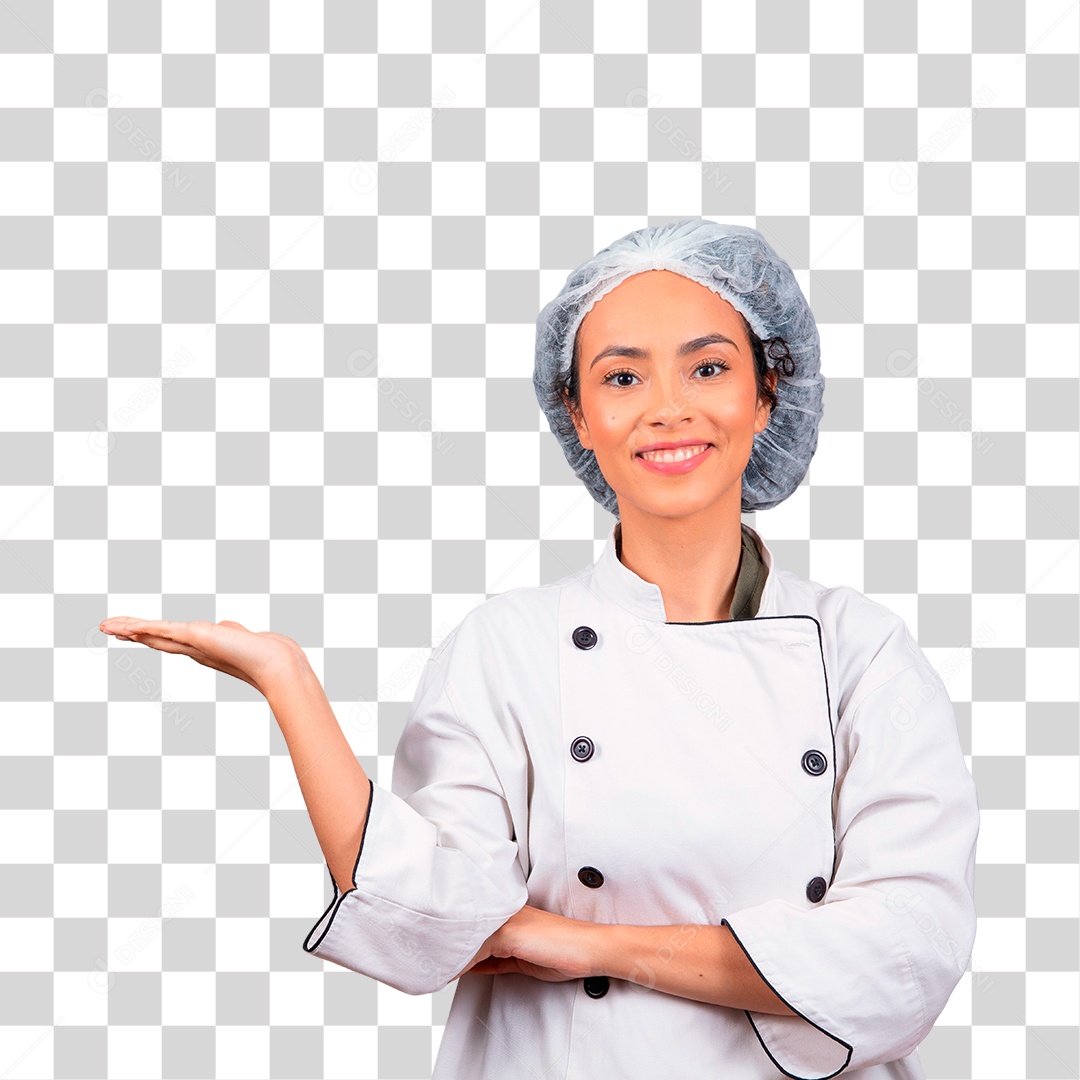 Linda mulher jovem usando avental de cozinheira branco com a mão estendida para o lado