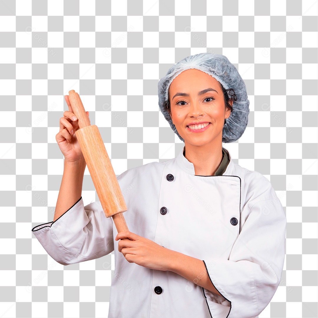 Linda mulher jovem usando avental de cozinheiro branco segurando utensílio de cozinha