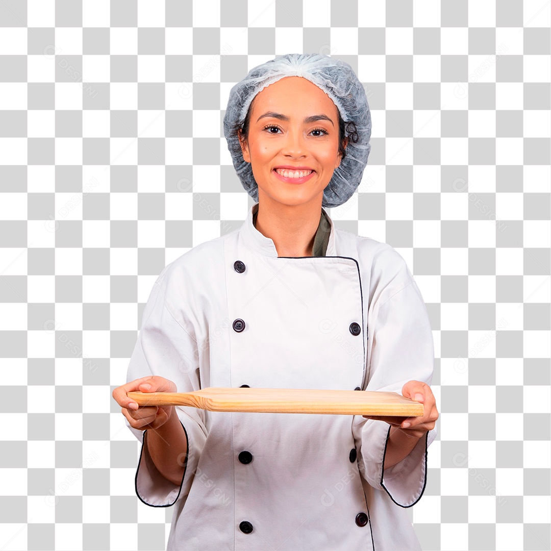 Linda mulher jovem usando avental de cozinheiro branco cabelo cacheado sorridente