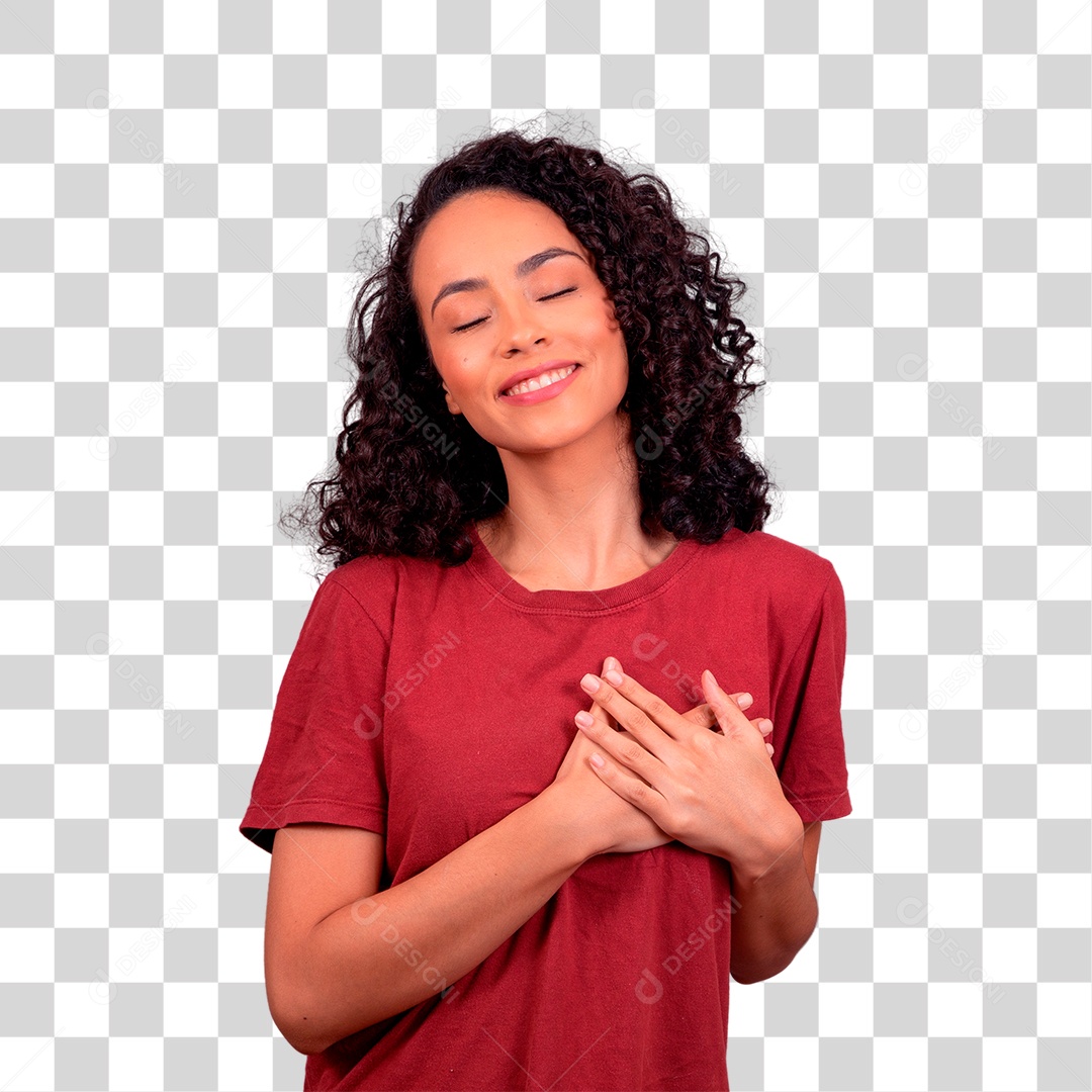 Linda mulher morena de blusa vermelha sorridente PNG Transparente