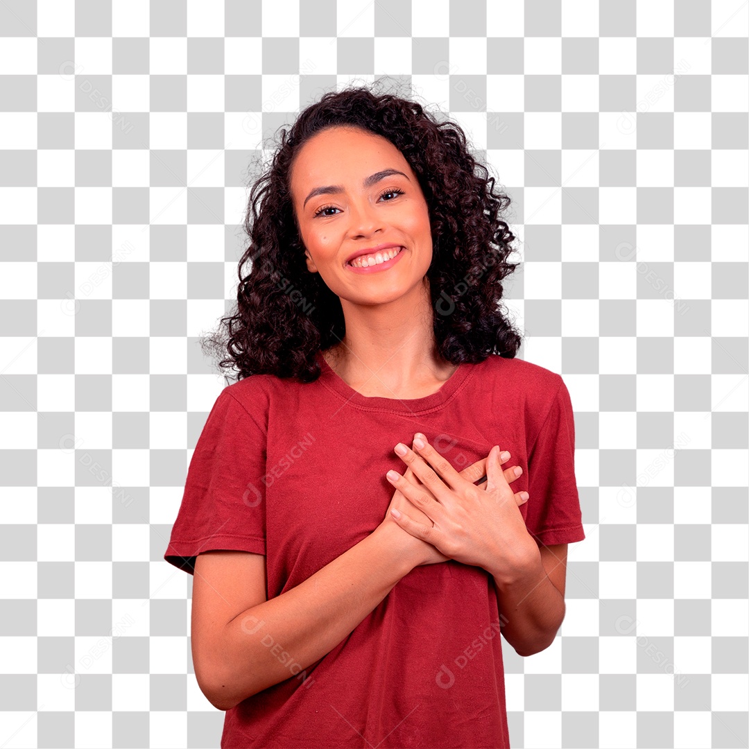 Linda mulher morena com a mão sobre o peito