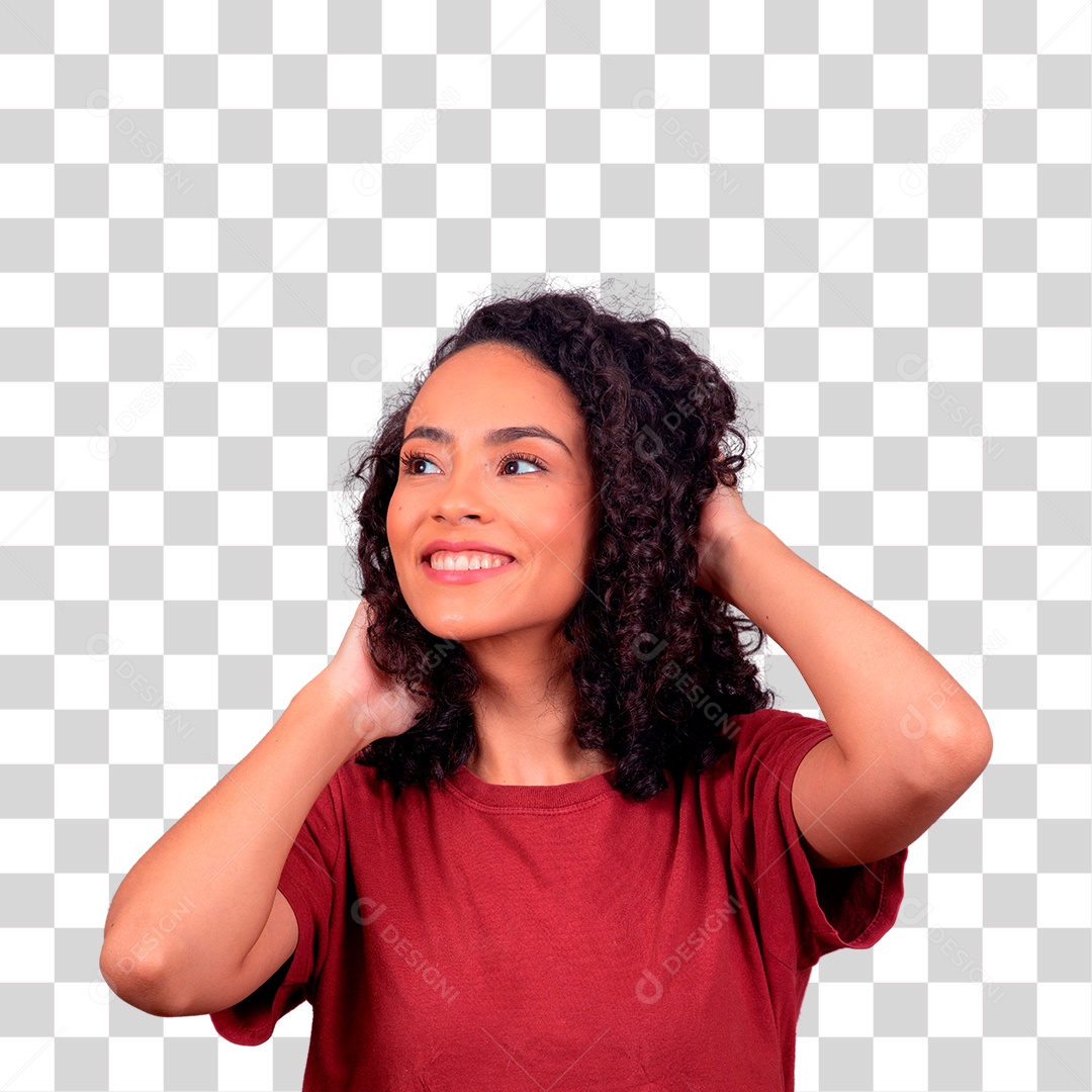 Linda mulher morena de blusa vermelha sorridente PNG Transparente