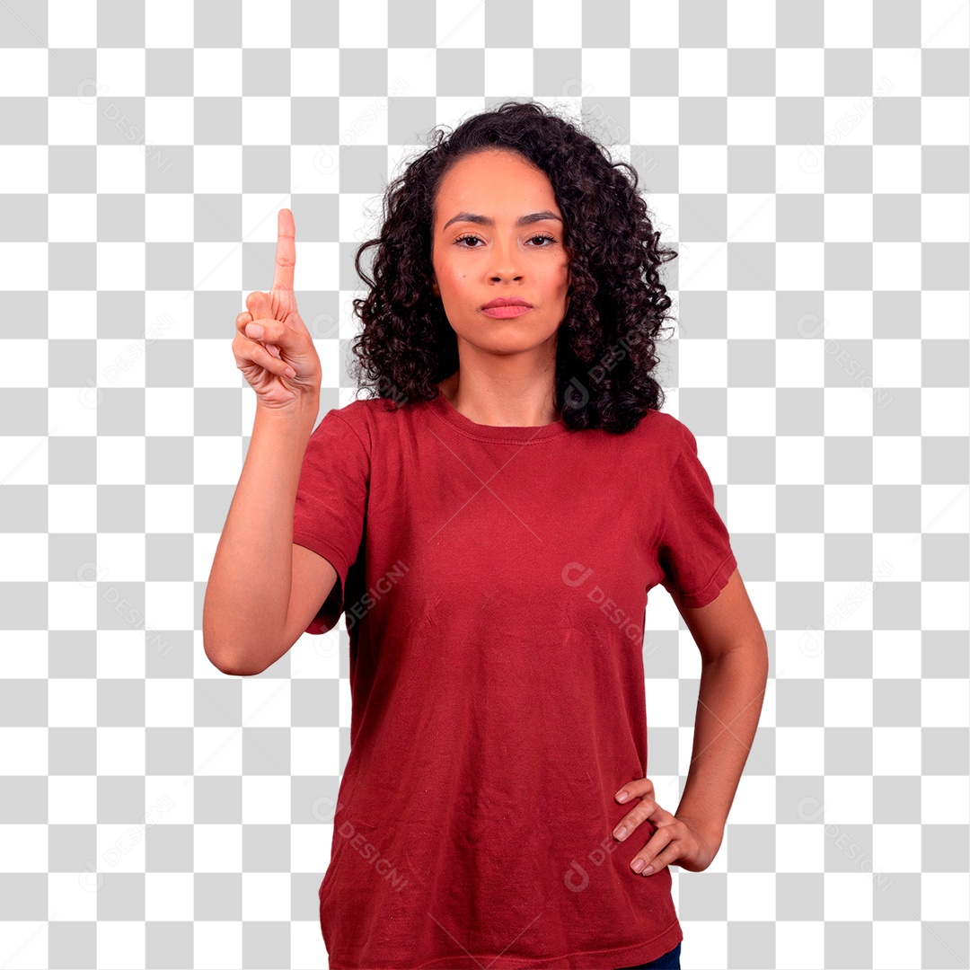 Mulher morena de blusa vermelha apontando para o cima
