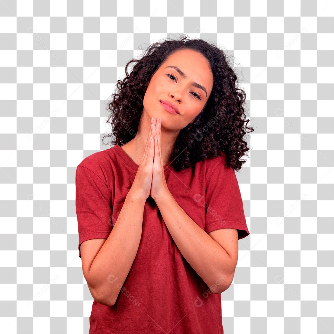 Mulher morena com as mão juntas sinal de oração PNG Transparente
